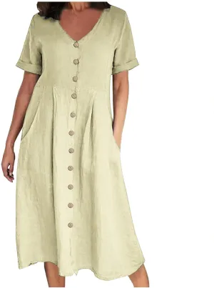 Womens Casual Dress Plus Size Button Front V Neck A Line Dress 2025 Spring Summer Short Sleeve Midi Dress with Pocket