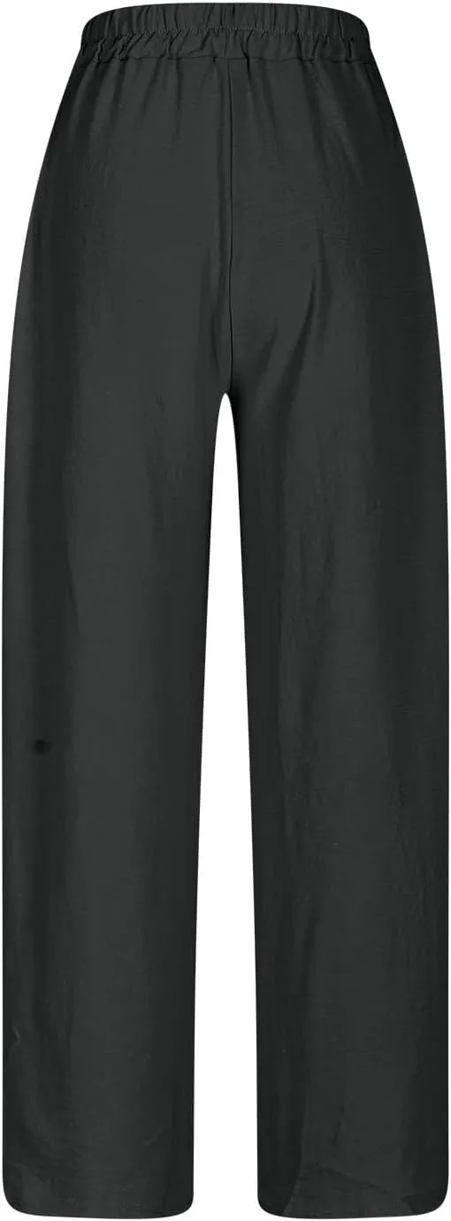 Womens Casual Linen High Waist Pants Drawstring Loose Fit Summer Pants Fashion Solid Color Trousers with Pockets