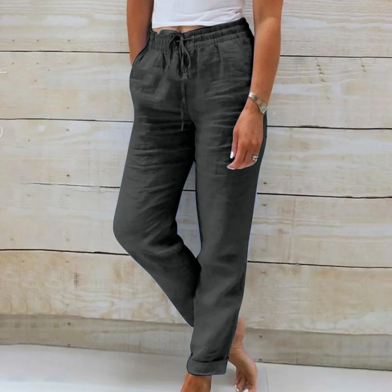 Womens Casual Linen High Waist Pants Drawstring Loose Fit Summer Pants Fashion Solid Color Trousers with Pockets