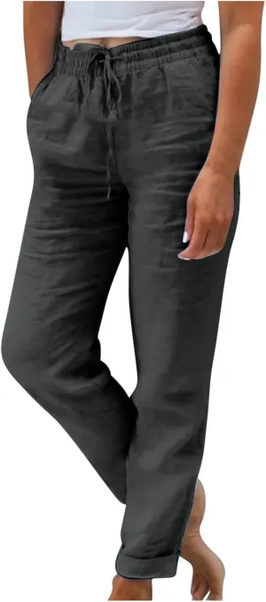 Womens Casual Linen High Waist Pants Drawstring Loose Fit Summer Pants Fashion Solid Color Trousers with Pockets