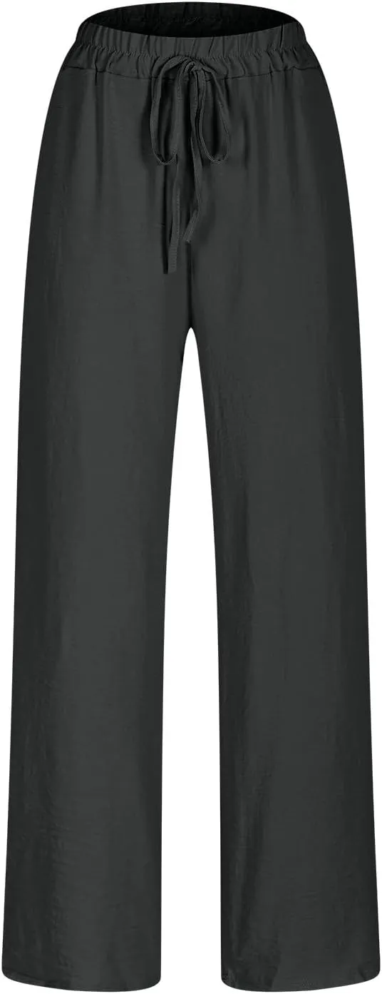 Womens Casual Linen High Waist Pants Drawstring Loose Fit Summer Pants Fashion Solid Color Trousers with Pockets