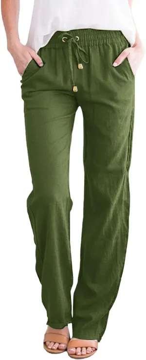 Womens Casual Linen High Waist Pants Drawstring Loose Fit Summer Pants Trousers with Side Pockets