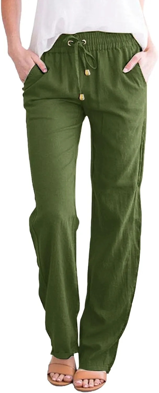 Womens Casual Linen High Waist Pants Drawstring Loose Fit Summer Pants Trousers with Side Pockets
