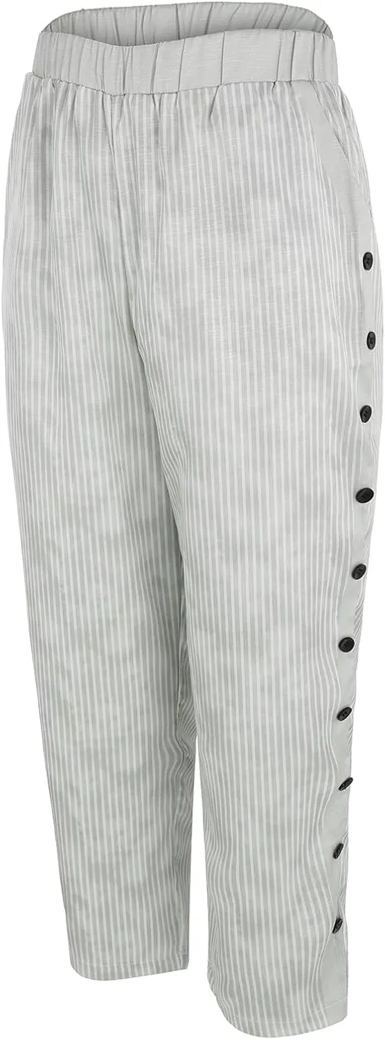 Women's Casual Pants Side Button Lightweight Straight Leg Drawstring Elastic Waist Pants Baggy Trousers with Pockets