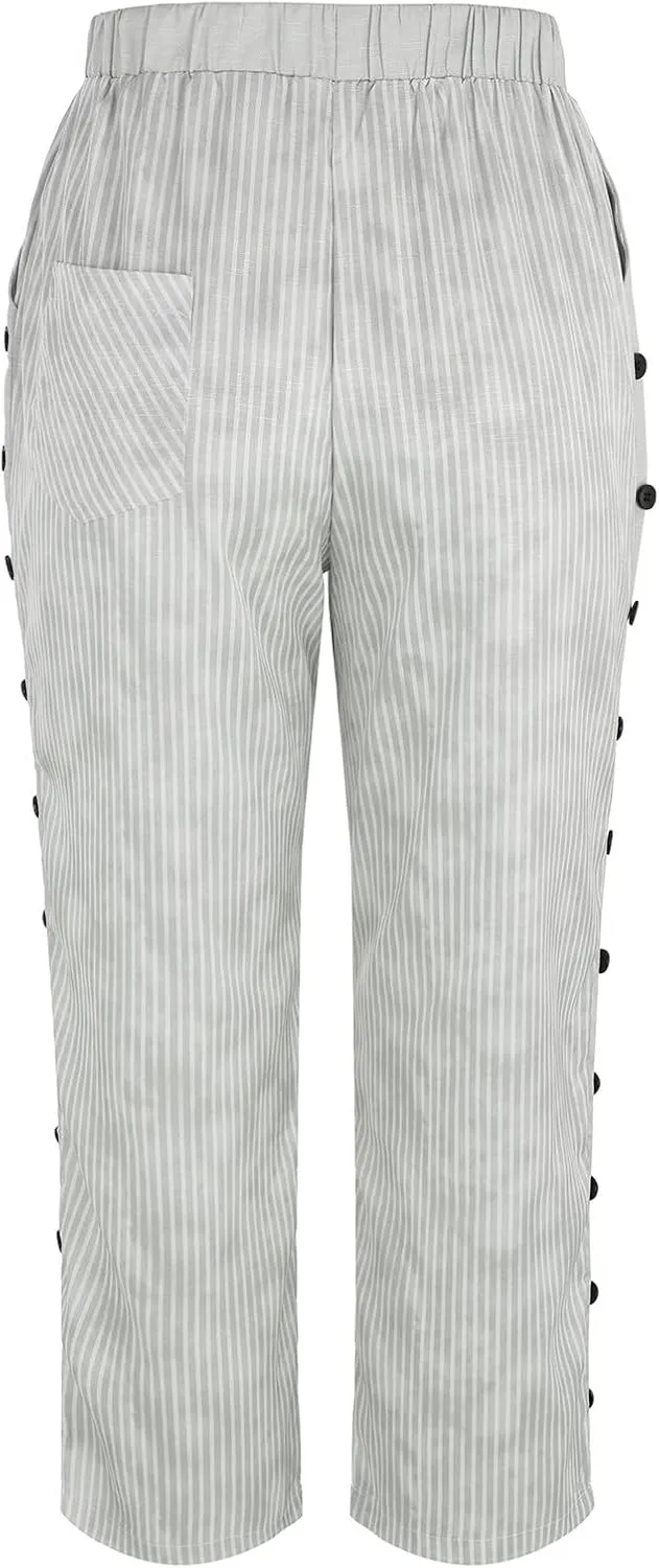 Women's Casual Pants Side Button Lightweight Straight Leg Drawstring Elastic Waist Pants Baggy Trousers with Pockets