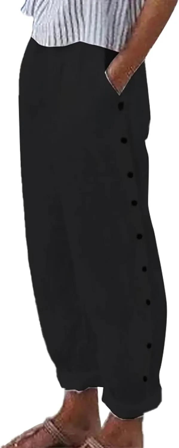 Women's Casual Pants Side Button Lightweight Straight Leg Drawstring Elastic Waist Pants Baggy Trousers with Pockets