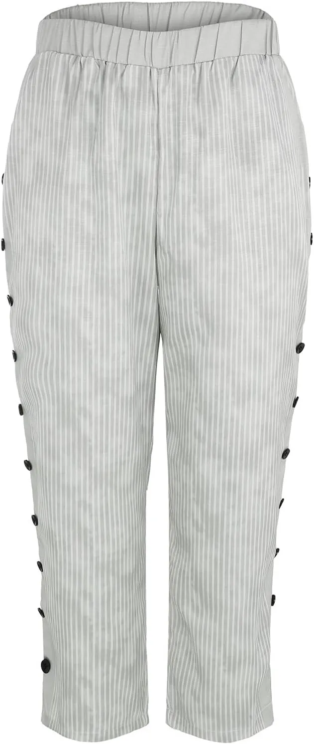 Women's Casual Pants Side Button Lightweight Straight Leg Drawstring Elastic Waist Pants Baggy Trousers with Pockets