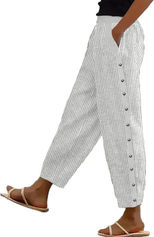 Women's Casual Pants Side Button Lightweight Straight Leg Drawstring Elastic Waist Pants Baggy Trousers with Pockets