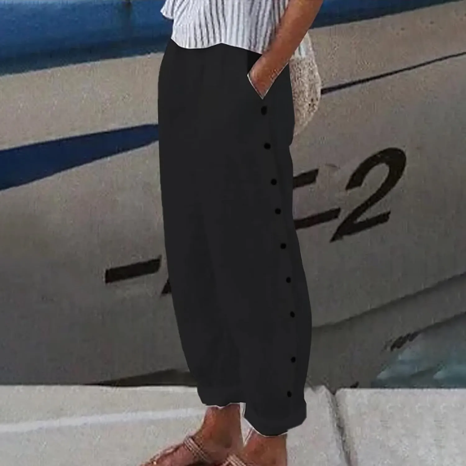 Women's Casual Pants Side Button Lightweight Straight Leg Drawstring Elastic Waist Pants Baggy Trousers with Pockets
