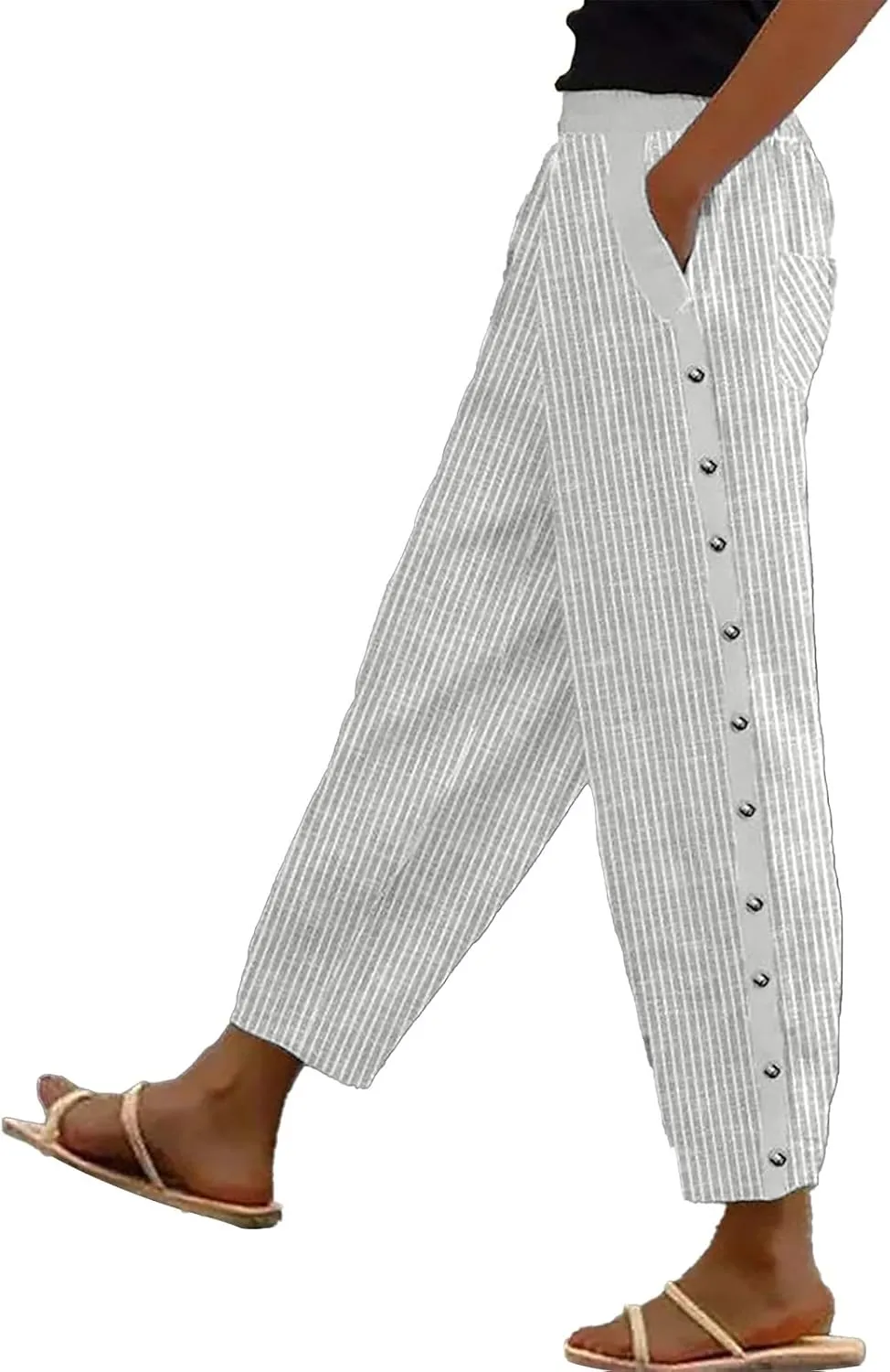 Women's Casual Pants Side Button Lightweight Straight Leg Drawstring Elastic Waist Pants Baggy Trousers with Pockets