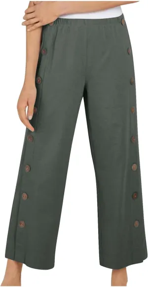 Womens Casual Straight Pants Loose Elastic Waist Capris Pant Summer Buttons Print Slacks Joggers Trousers with Pockets