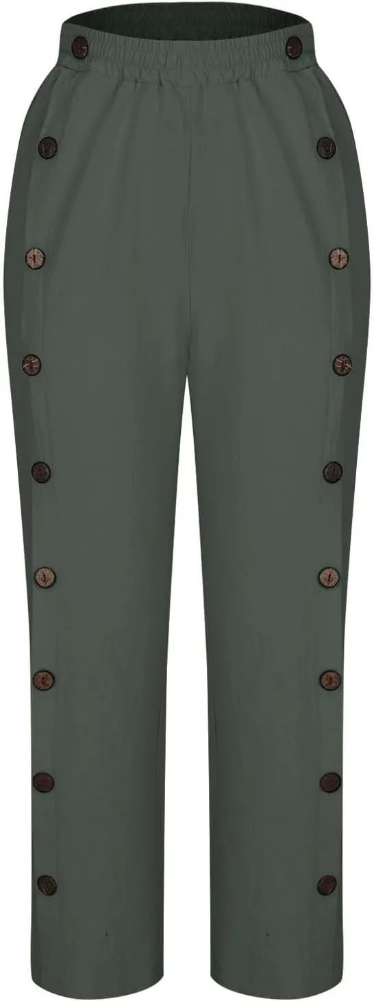 Womens Casual Straight Pants Loose Elastic Waist Capris Pant Summer Buttons Print Slacks Joggers Trousers with Pockets
