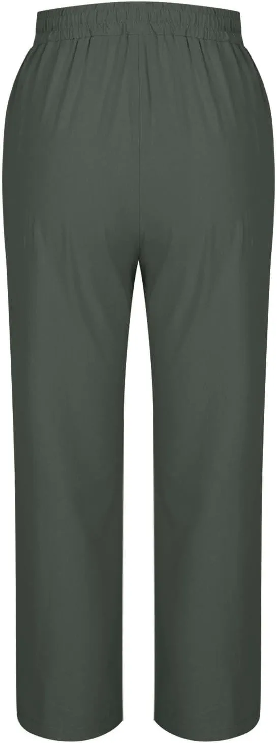 Womens Casual Straight Pants Loose Elastic Waist Capris Pant Summer Buttons Print Slacks Joggers Trousers with Pockets
