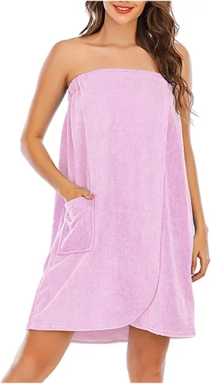Women's Casual Thicken Sleeveless Spa Robe Sexy Strapless Bathrobe Elastic Top Split Loose Mini Dress with Pockets