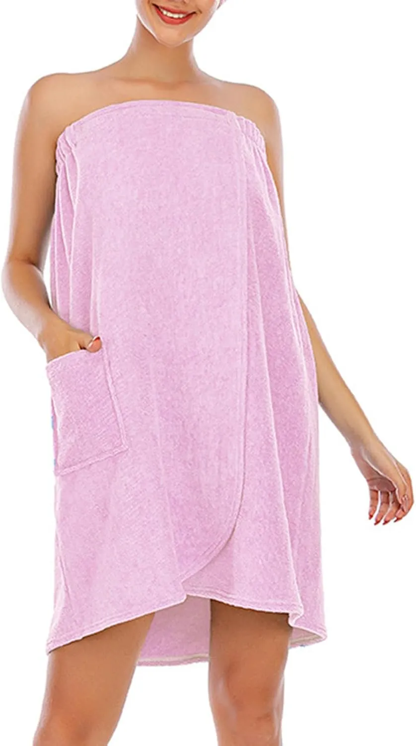 Women's Casual Thicken Sleeveless Spa Robe Sexy Strapless Bathrobe Elastic Top Split Loose Mini Dress with Pockets