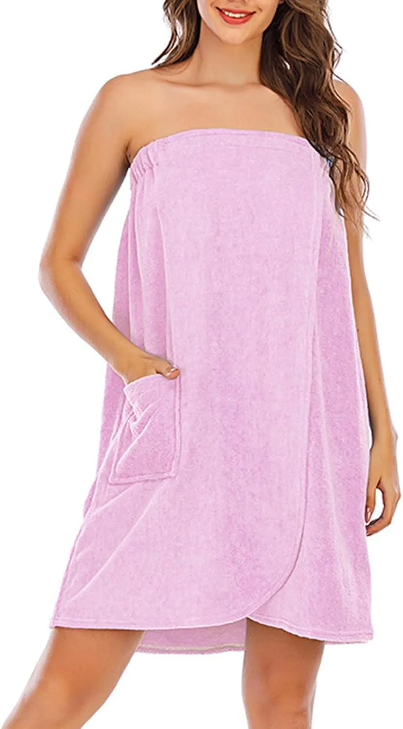 Women's Casual Thicken Sleeveless Spa Robe Sexy Strapless Bathrobe Elastic Top Split Loose Mini Dress with Pockets