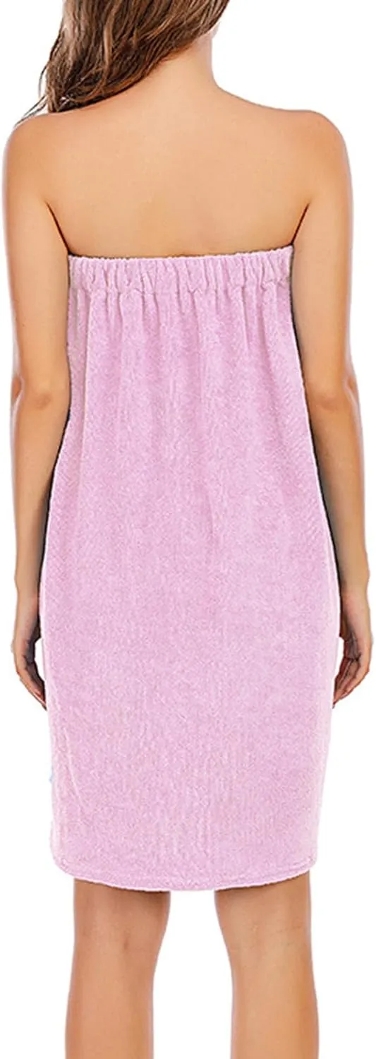 Women's Casual Thicken Sleeveless Spa Robe Sexy Strapless Bathrobe Elastic Top Split Loose Mini Dress with Pockets