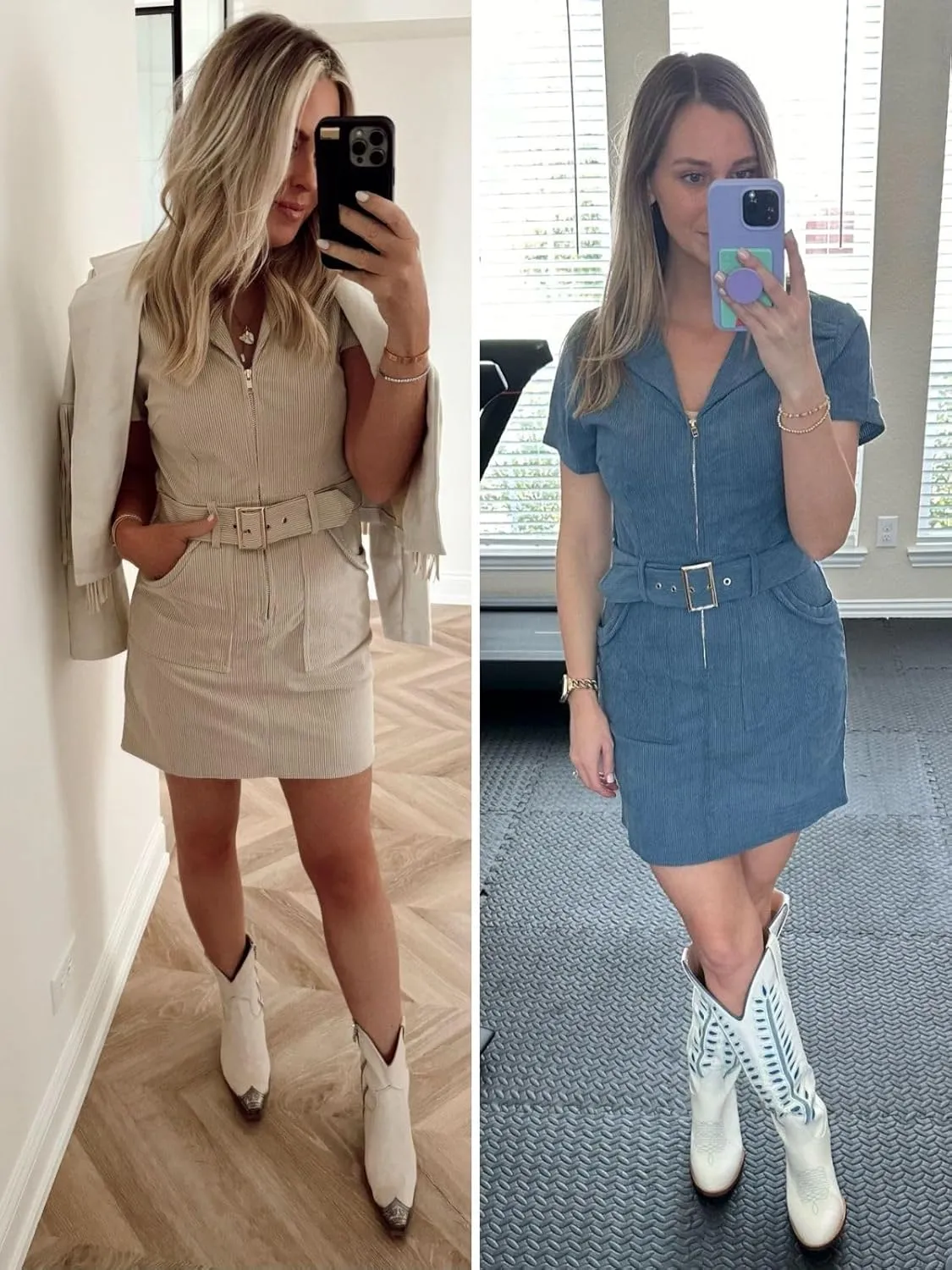 Women's Corduroy Mini Dress Short Sleeve Lapel Zip Up Belted Cowgirl Dresses with Pockets