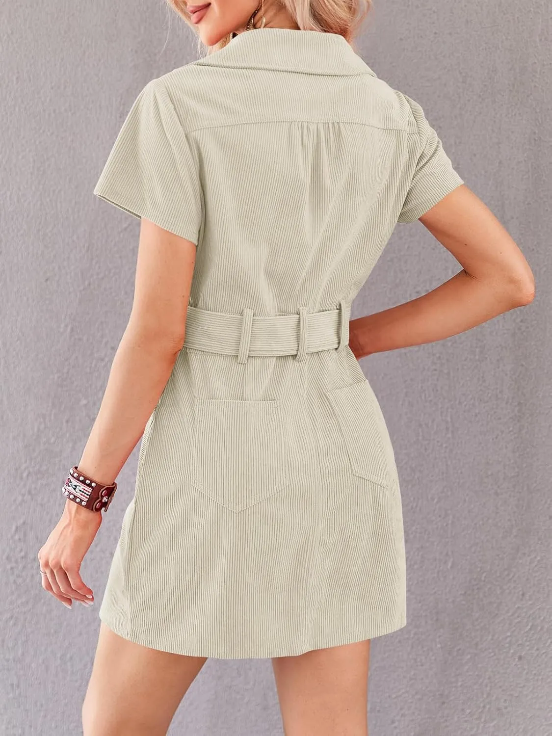 Women's Corduroy Mini Dress Short Sleeve Lapel Zip Up Belted Cowgirl Dresses with Pockets