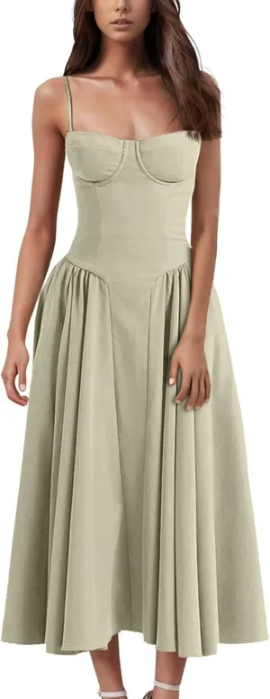 Womens Corset Dress Elegant Spaghetti Strap Bustier Midi Dresses Flowy Pleated Hem Low Cut Prom Skirts with Pockets