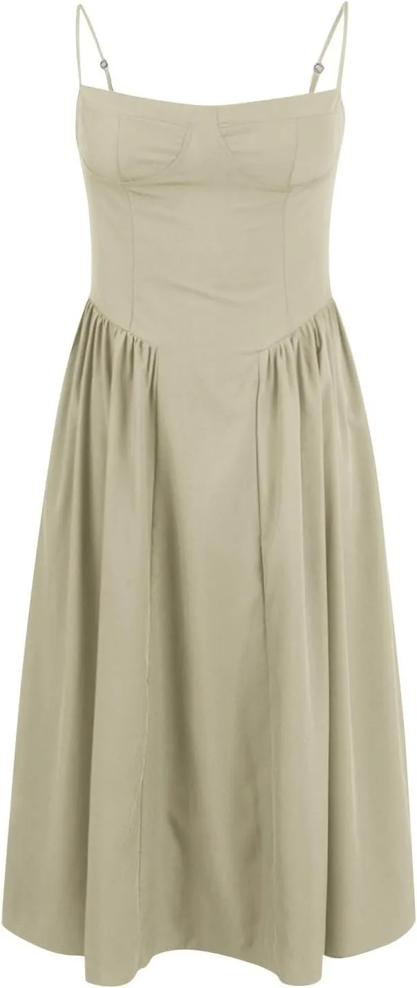 Womens Corset Dress Elegant Spaghetti Strap Bustier Midi Dresses Flowy Pleated Hem Low Cut Prom Skirts with Pockets
