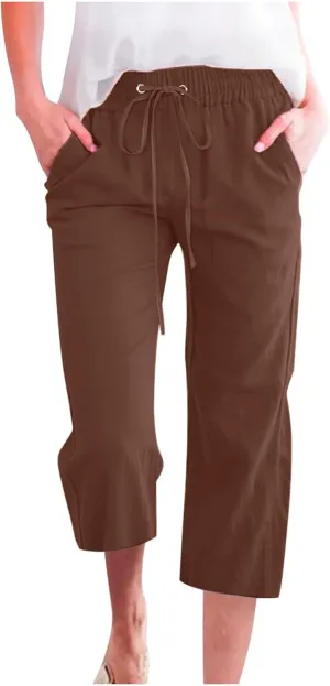 Womens Cotton Linen Capri Pants Casual Summer 2025 Waist Drawstring Straight Wide Leg Cropped Trousers with Pockets Women Blend Dark Brown