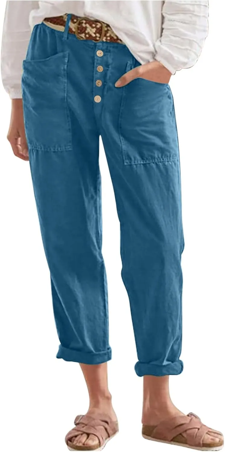 Women's Cotton Linen Cropped Pants, Button Waist Loose Straight Leg Trousers Summer Office Casual Clothes with Pockets
