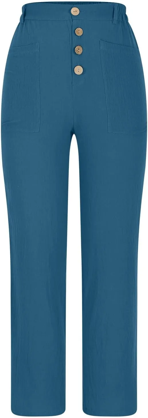 Women's Cotton Linen Cropped Pants, Button Waist Loose Straight Leg Trousers Summer Office Casual Clothes with Pockets