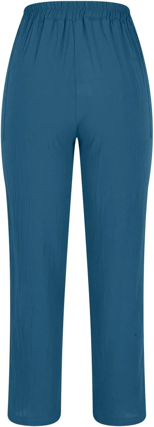 Women's Cotton Linen Cropped Pants, Button Waist Loose Straight Leg Trousers Summer Office Casual Clothes with Pockets
