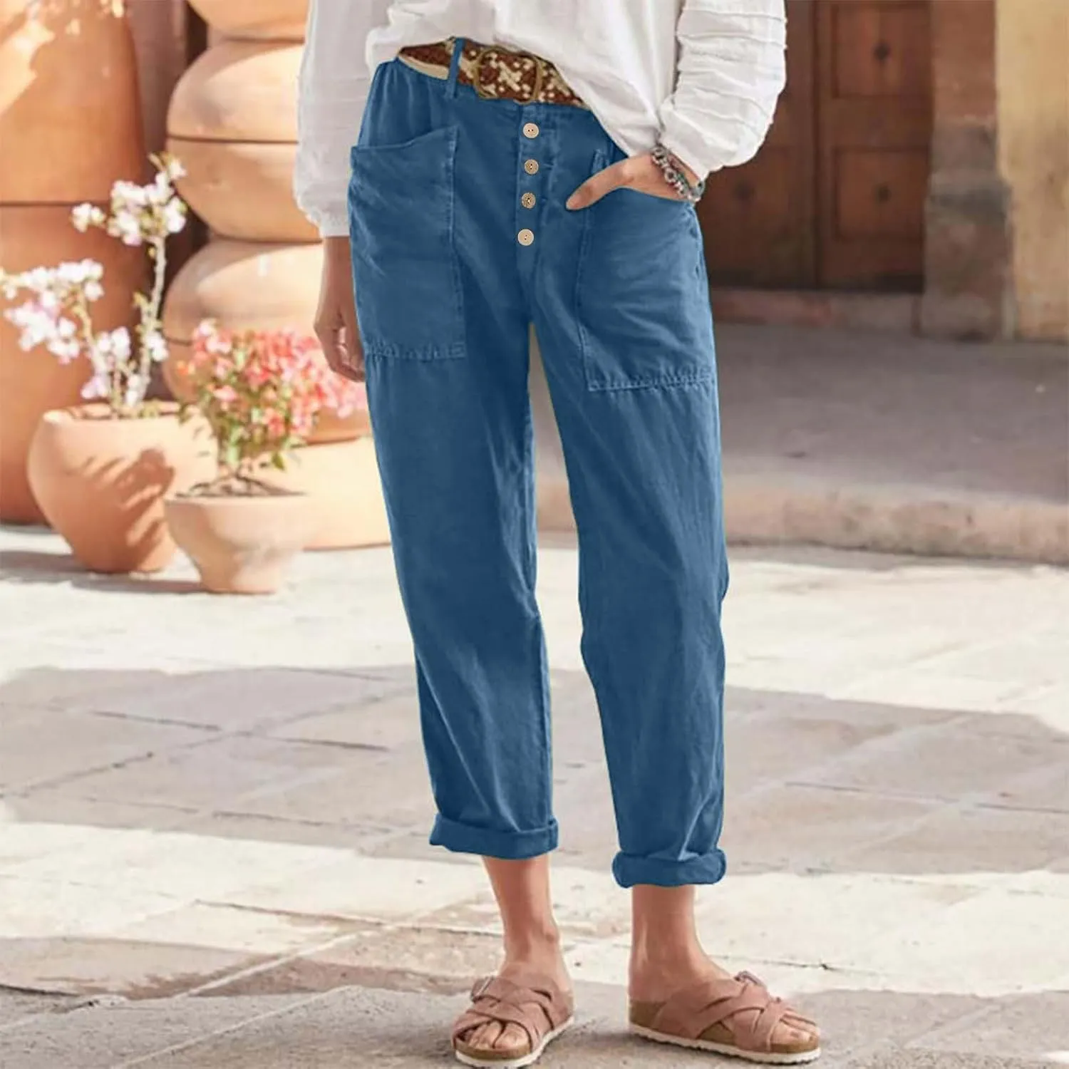 Women's Cotton Linen Cropped Pants, Button Waist Loose Straight Leg Trousers Summer Office Casual Clothes with Pockets