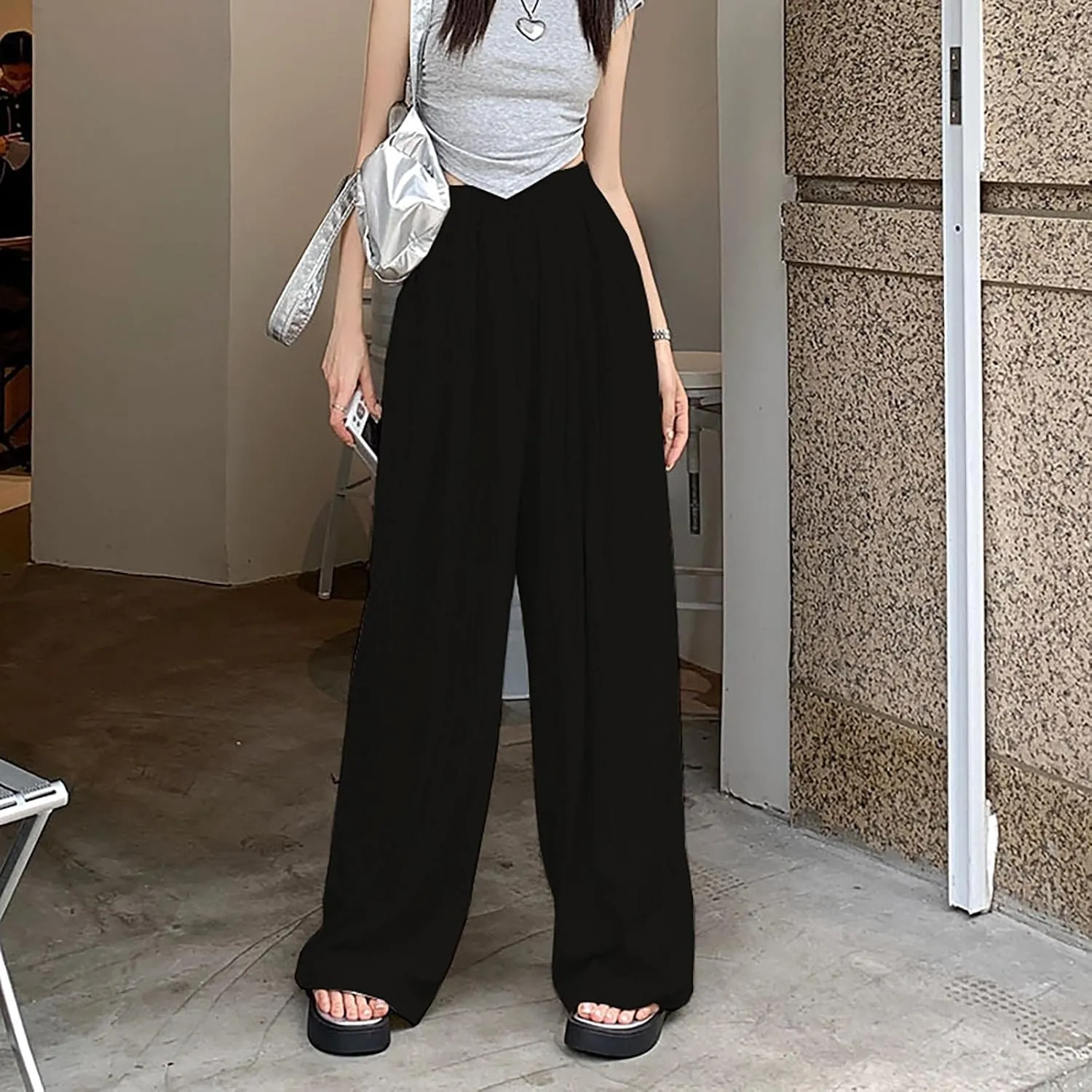 Womens Cotton Linen Palazzo Pants Elastic Waist Casual Wide Leg Trousers High Waist Wide Leg Straight