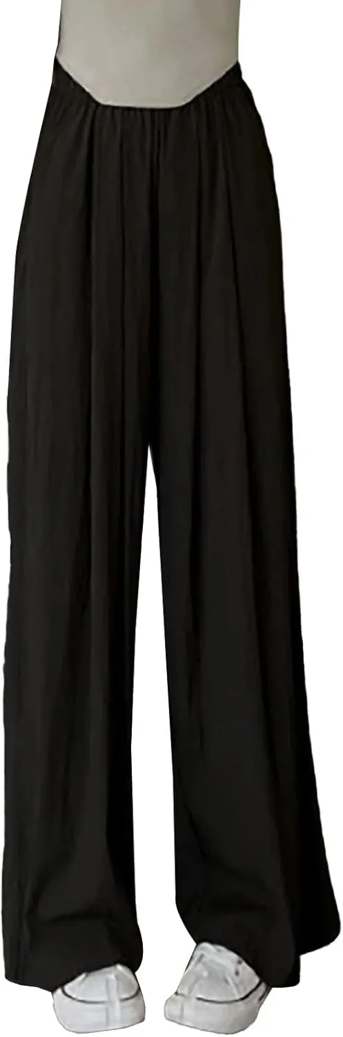 Womens Cotton Linen Palazzo Pants Elastic Waist Casual Wide Leg Trousers High Waist Wide Leg Straight