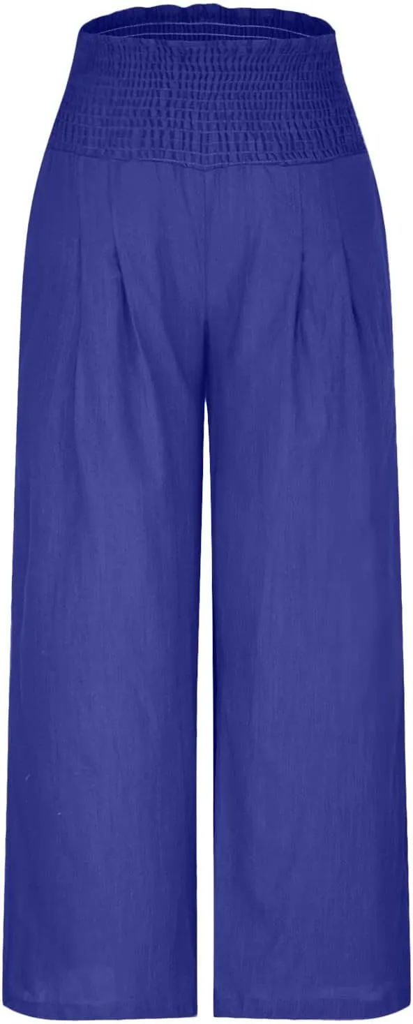 Women's Cotton Linen Palazzo Pants Loose Elastic Waist Trousers Solid Pleated Baggy Slacks Summer Vacation Outfits