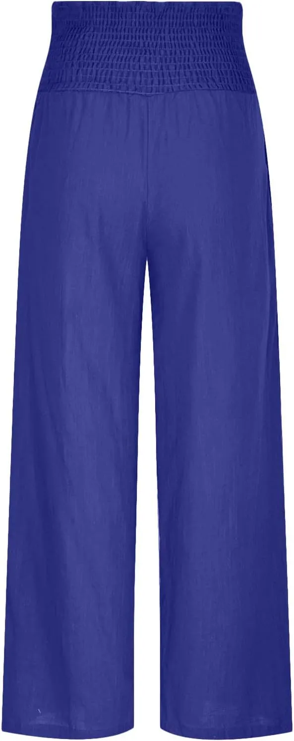 Women's Cotton Linen Palazzo Pants Loose Elastic Waist Trousers Solid Pleated Baggy Slacks Summer Vacation Outfits