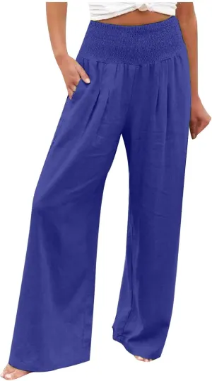 Women's Cotton Linen Palazzo Pants Loose Elastic Waist Trousers Solid Pleated Baggy Slacks Summer Vacation Outfits
