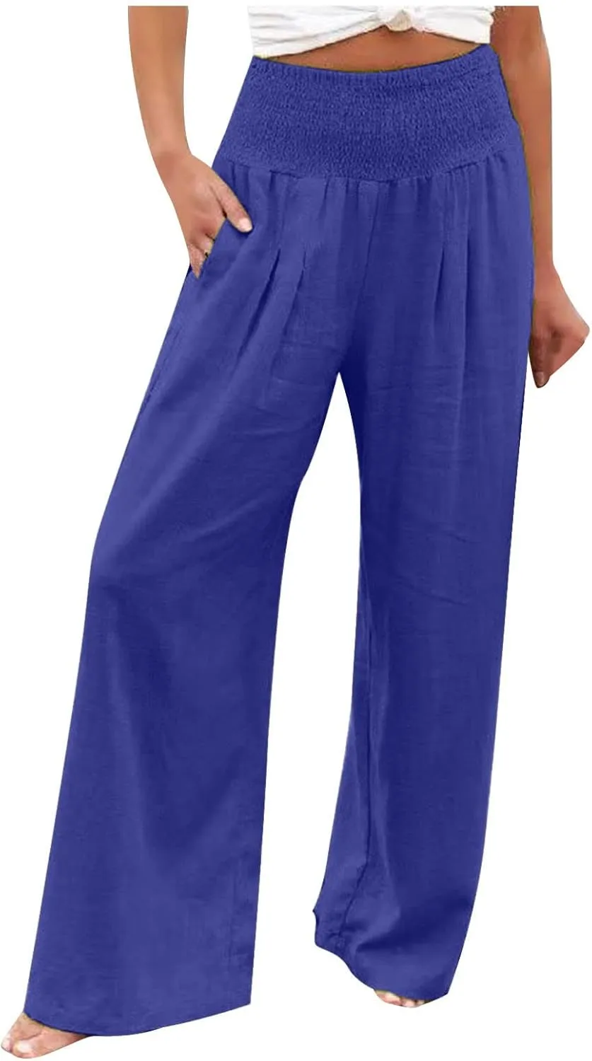 Women's Cotton Linen Palazzo Pants Loose Elastic Waist Trousers Solid Pleated Baggy Slacks Summer Vacation Outfits