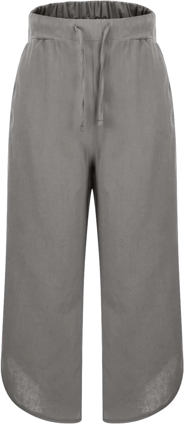 Womens Cotton Linen Palazzo Pants with Drawstring Elastic Waist, Casual Wide Leg Trousers, Summer Beach Pants with Pockets
