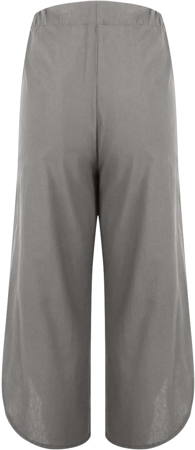 Womens Cotton Linen Palazzo Pants with Drawstring Elastic Waist, Casual Wide Leg Trousers, Summer Beach Pants with Pockets