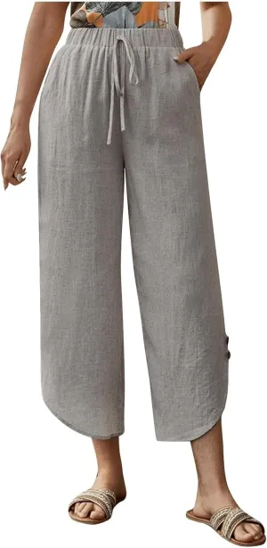 Womens Cotton Linen Palazzo Pants with Drawstring Elastic Waist, Casual Wide Leg Trousers, Summer Beach Pants with Pockets
