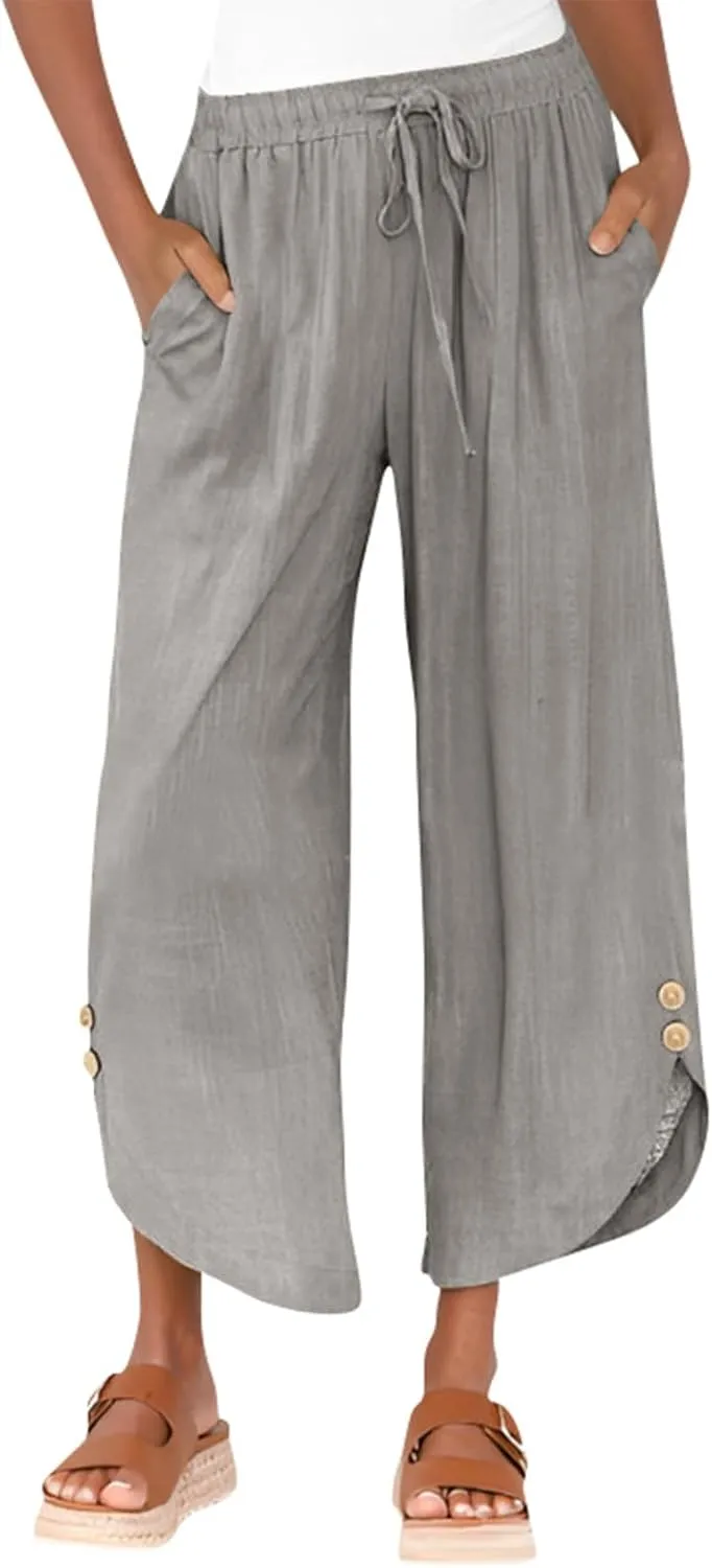 Womens Cotton Linen Palazzo Pants with Drawstring Elastic Waist, Casual Wide Leg Trousers, Summer Beach Pants with Pockets