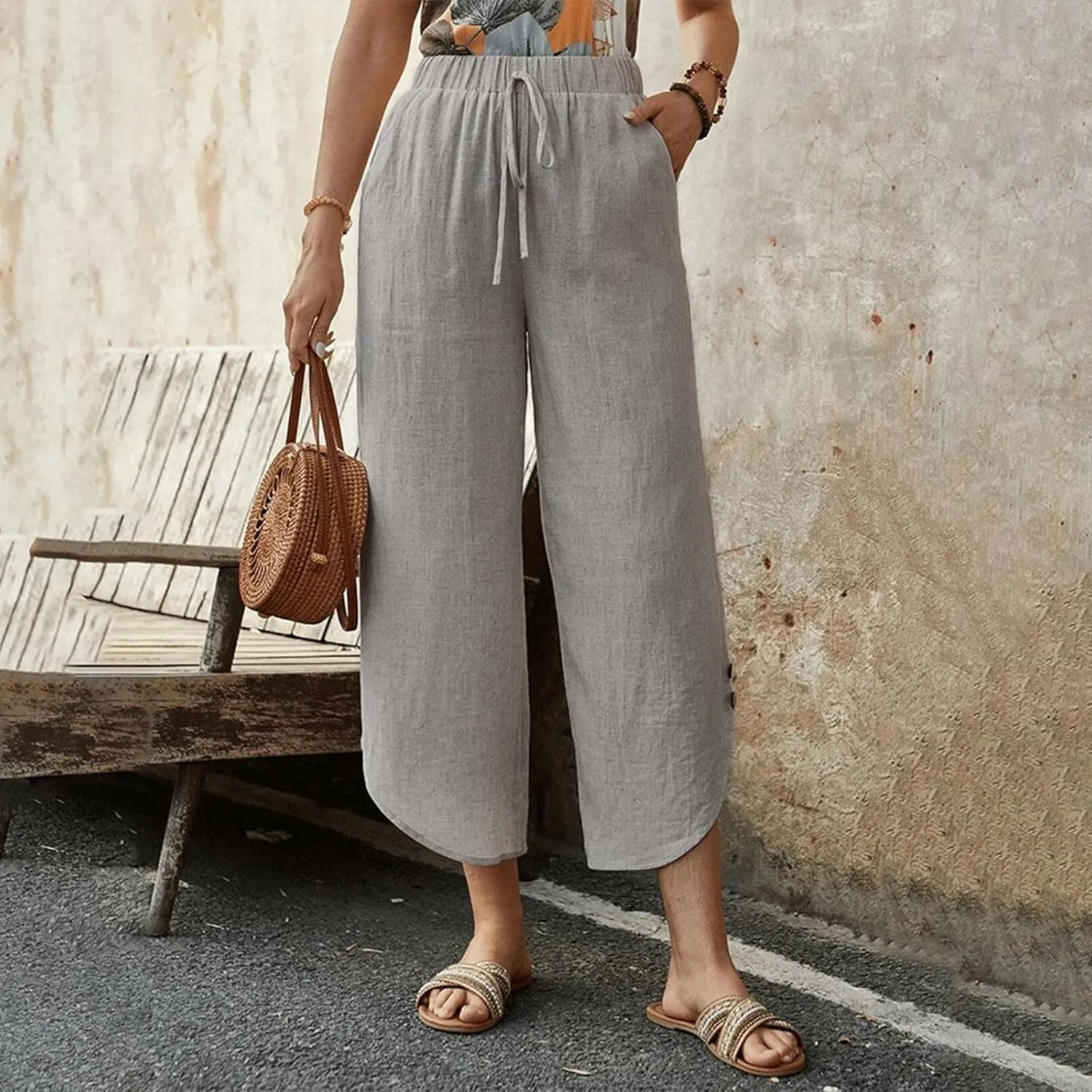 Womens Cotton Linen Palazzo Pants with Drawstring Elastic Waist, Casual Wide Leg Trousers, Summer Beach Pants with Pockets