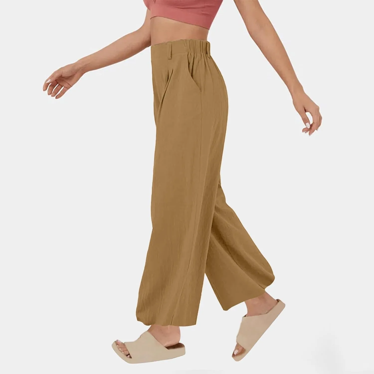 Women's Cotton Linen Pants Solid Color Wide Leg Palazzo Pants High Waist Casual Summer Beach Trousers with Pockets