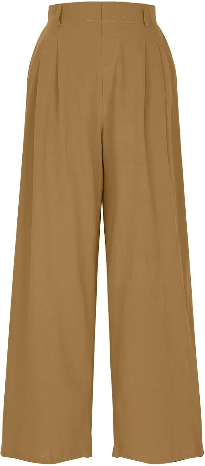 Women's Cotton Linen Pants Solid Color Wide Leg Palazzo Pants High Waist Casual Summer Beach Trousers with Pockets
