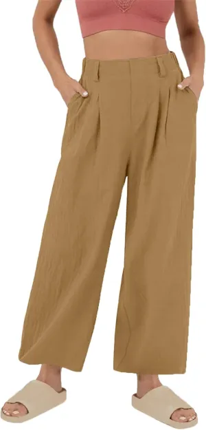Women's Cotton Linen Pants Solid Color Wide Leg Palazzo Pants High Waist Casual Summer Beach Trousers with Pockets