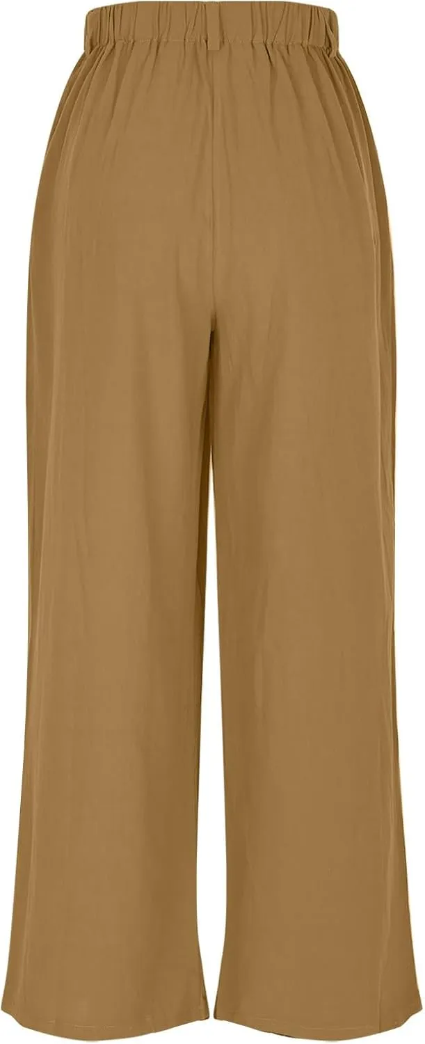 Women's Cotton Linen Pants Solid Color Wide Leg Palazzo Pants High Waist Casual Summer Beach Trousers with Pockets