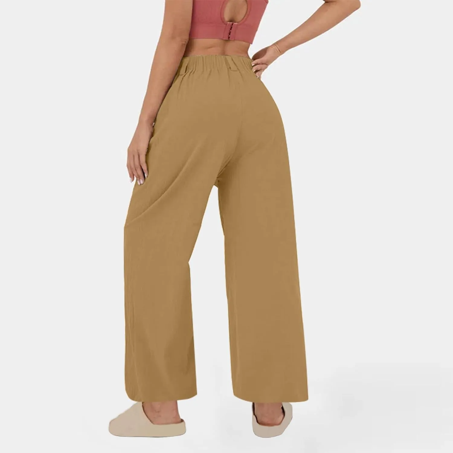 Women's Cotton Linen Pants Solid Color Wide Leg Palazzo Pants High Waist Casual Summer Beach Trousers with Pockets