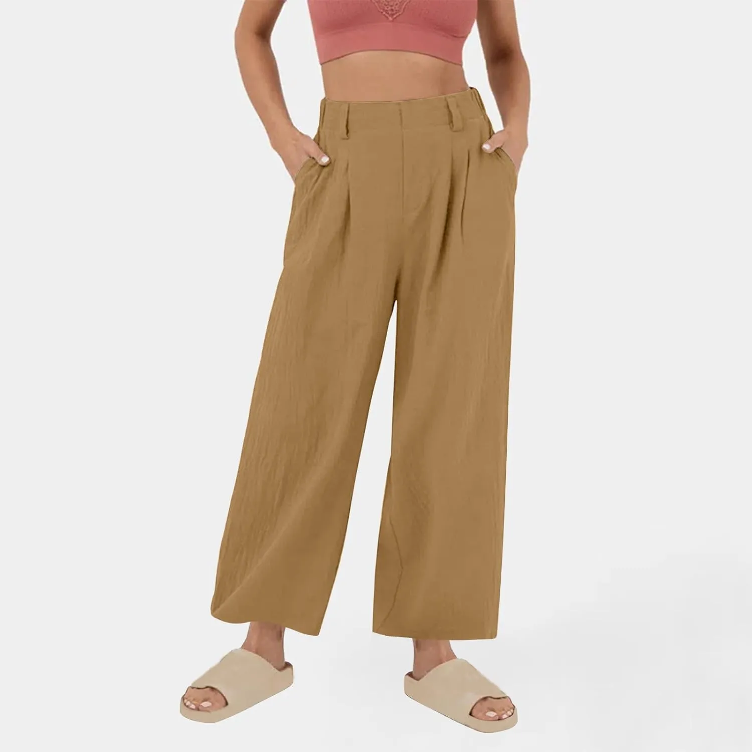 Women's Cotton Linen Pants Solid Color Wide Leg Palazzo Pants High Waist Casual Summer Beach Trousers with Pockets