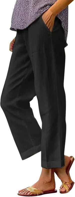 Women's Cotton Linen Pants Straight Elastic Pants Loose Elastic High Waisted Wide Leg Beach Trousers with Pockets
