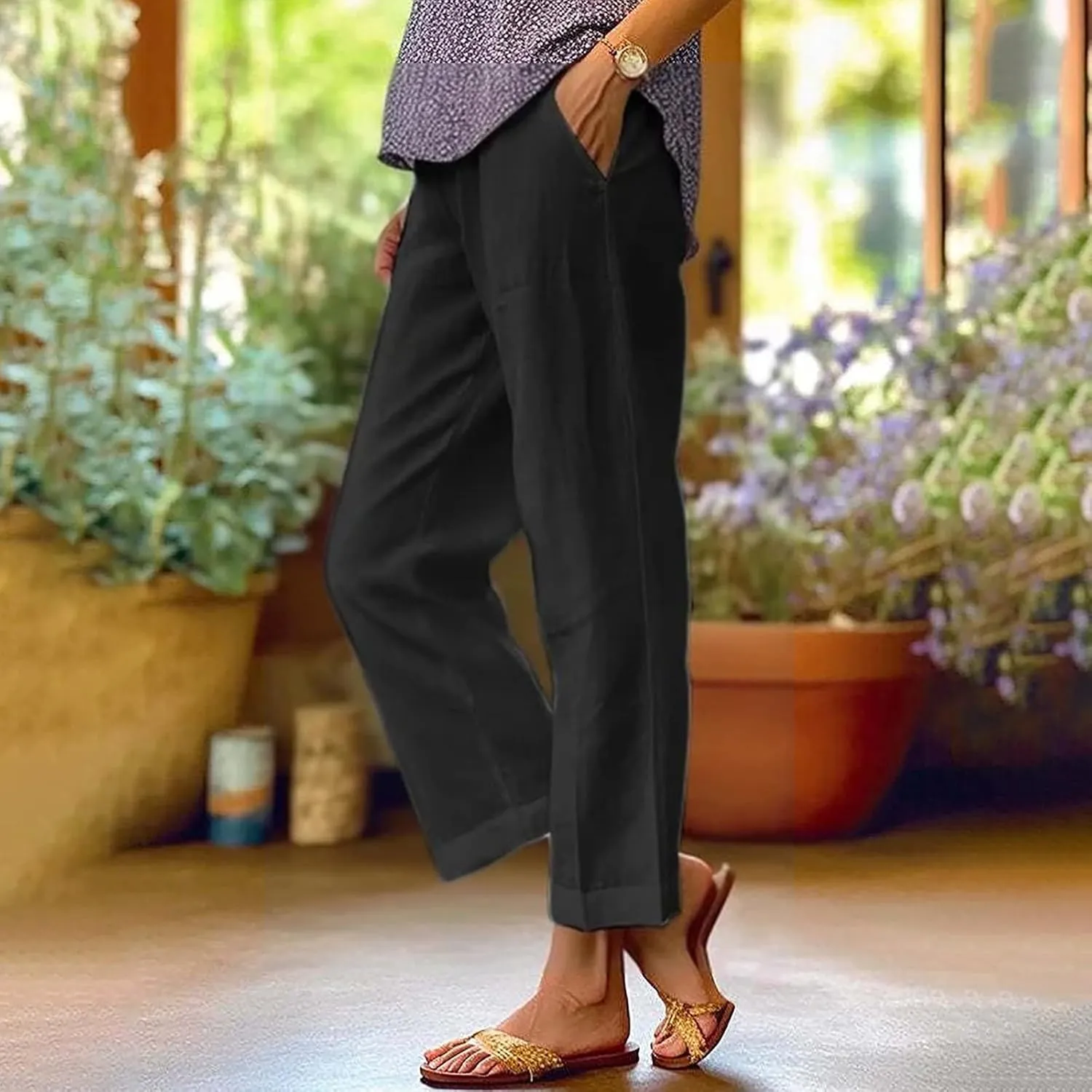 Women's Cotton Linen Pants Straight Elastic Pants Loose Elastic High Waisted Wide Leg Beach Trousers with Pockets