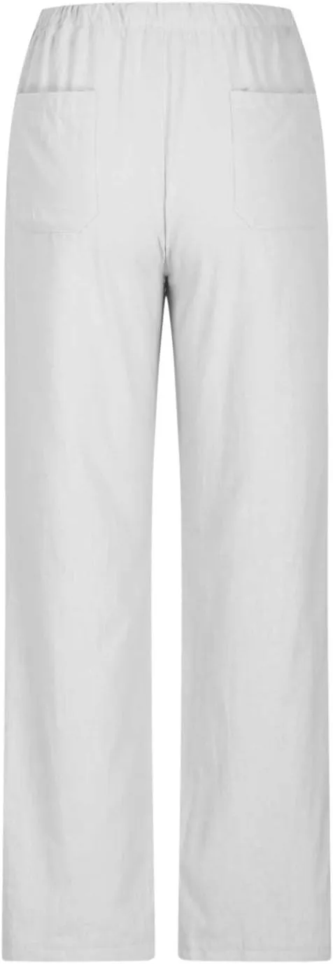 Women's Cotton Linen Straight Leg Pants Summer Casual Drawstring Pant Pockets Beach Vacation Trousers Comfy Clothing